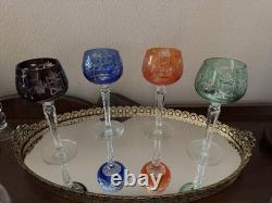 SET of 7 BOHEMIAN CZECH CUT TO CLEAR CRYSTAL Hock Wine Glasses 7 1/2 &7 3/4