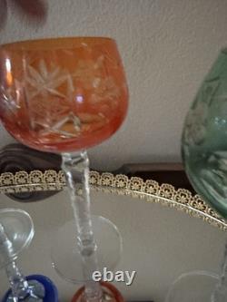 SET of 7 BOHEMIAN CZECH CUT TO CLEAR CRYSTAL Hock Wine Glasses 7 1/2 &7 3/4