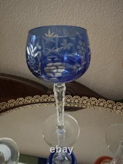 SET of 7 BOHEMIAN CZECH CUT TO CLEAR CRYSTAL Hock Wine Glasses 7 1/2 &7 3/4