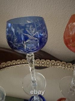 SET of 7 BOHEMIAN CZECH CUT TO CLEAR CRYSTAL Hock Wine Glasses 7 1/2 &7 3/4