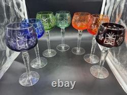 SET of 7 BOHEMIAN CZECH CUT TO CLEAR CRYSTAL Hock Wine Glasses 7 1/2 &7 3/4