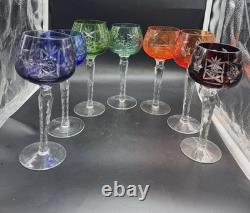 SET of 7 BOHEMIAN CZECH CUT TO CLEAR CRYSTAL Hock Wine Glasses 7 1/2 &7 3/4