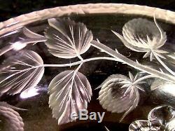 SIGNED TUTHILL ABP BRILLIANT Intaglio CUT GLASS CRYSTAL Footed Bowl Strawberry