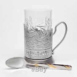 SILVER Combination of 6 Russian Old-Fashioned CUT Crystal Hot Tea Glass 8.5 Oz