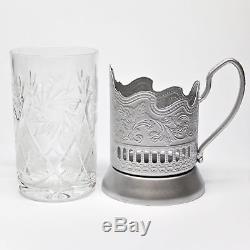 SILVER Combination of 6 Russian Old-Fashioned CUT Crystal Hot Tea Glass 8.5 Oz