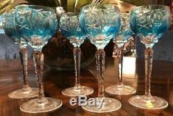 SIX 6 Nachtmann Traube Wine Hock Azure Aqua Blue Cut to Clear Cased Crystal