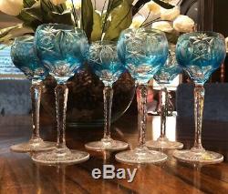 SIX 6 Nachtmann Traube Wine Hock Azure Aqua Blue Cut to Clear Cased Crystal
