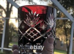 STUNNING 5 Ruby Red Cut to Clear AJKA / Bohemian Czech Crystal Glass Whiskey