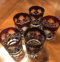 STUNNING 5 Ruby Red Cut to Clear AJKA / Bohemian Czech Crystal Glass Whiskey