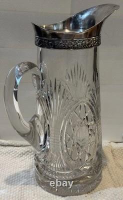 STUNNING! Antique Silver Colored Collar Spout Cut Crystal Glass Pitcher Ewer 12