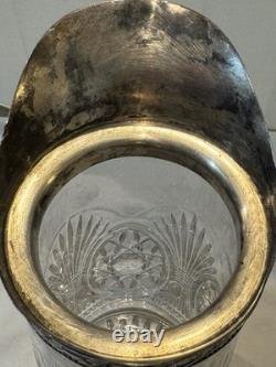 STUNNING! Antique Silver Colored Collar Spout Cut Crystal Glass Pitcher Ewer 12