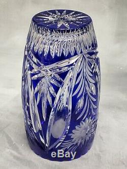 STUNNING Bohemian Czech Cobalt Blue 8 Cut to Clear Glass Crystal Vase RARE