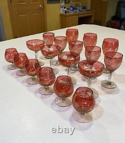 STUNNING SET Antique Cranberry Cordial Wine Glass Cut To Clear Design Crystal