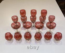 STUNNING SET Antique Cranberry Cordial Wine Glass Cut To Clear Design Crystal