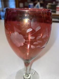 STUNNING SET Antique Cranberry Cordial Wine Glass Cut To Clear Design Crystal