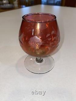 STUNNING SET Antique Cranberry Cordial Wine Glass Cut To Clear Design Crystal