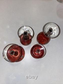 STUNNING SET Antique Cranberry Cordial Wine Glass Cut To Clear Design Crystal