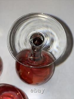 STUNNING SET Antique Cranberry Cordial Wine Glass Cut To Clear Design Crystal