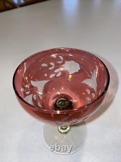 STUNNING SET Antique Cranberry Cordial Wine Glass Cut To Clear Design Crystal