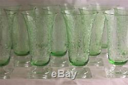 Set 12 Antique Rock Cut Engraved Glass Crystal green Water Goblets Ice Tea Juice