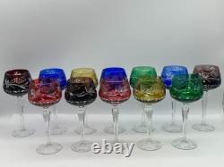 Set 12 Bohemian Cut to Clear Crystal Wine Hock Glasses Colored Grape Pattern 7.5