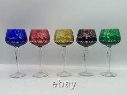 Set 12 Bohemian Cut to Clear Crystal Wine Hock Glasses Colored Grape Pattern 7.5
