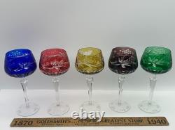 Set 12 Bohemian Cut to Clear Crystal Wine Hock Glasses Colored Grape Pattern 7.5