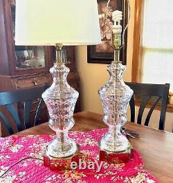 Set 2 Stiffel Brass Cut Crystal Glass Table Lamps Hollywood Regency Mid Century