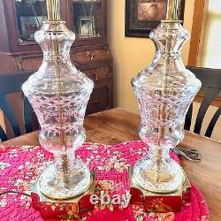 Set 2 Stiffel Brass Cut Crystal Glass Table Lamps Hollywood Regency Mid Century