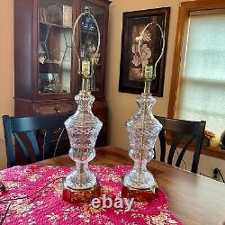 Set 2 Stiffel Brass Cut Crystal Glass Table Lamps Hollywood Regency Mid Century