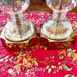 Set 2 Stiffel Brass Cut Crystal Glass Table Lamps Hollywood Regency Mid Century