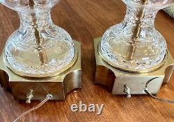 Set 2 Stiffel Brass Cut Crystal Glass Table Lamps Hollywood Regency Mid Century