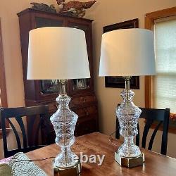 Set 2 Stiffel Brass Cut Crystal Glass Table Lamps Hollywood Regency Mid Century