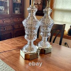 Set 2 Stiffel Brass Cut Crystal Glass Table Lamps Hollywood Regency Mid Century