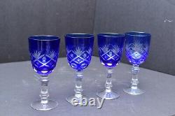 Set 4 Bohemian Czech Cut To Clear Cobalt Blue Crystal Wine Goblet Stem Glasses