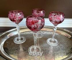 Set 4 Nachtmann Traube 6 7/8 Cranberry Glass Cut Crystal Hock Wine Goblets /12a