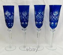 Set Of 4 Vintage Bohemian Cobalt Blue Cut To Clear Pineapple Champagne Flutes