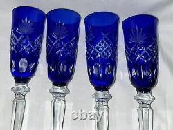 Set Of 4 Vintage Bohemian Cobalt Blue Cut To Clear Pineapple Champagne Flutes