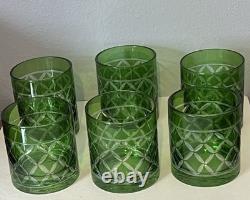 Set Of 6Crystal Emerald Green Cut to Clear VTG Whiskey Bohemian-Style Glasses