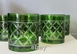 Set Of 6Crystal Emerald Green Cut to Clear VTG Whiskey Bohemian-Style Glasses