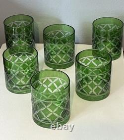Set Of 6Crystal Emerald Green Cut to Clear VTG Whiskey Bohemian-Style Glasses