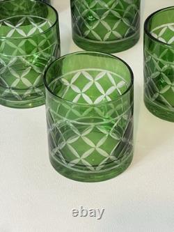 Set Of 6Crystal Emerald Green Cut to Clear VTG Whiskey Bohemian-Style Glasses