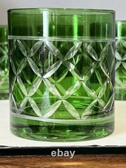 Set Of 6Crystal Emerald Green Cut to Clear VTG Whiskey Bohemian-Style Glasses