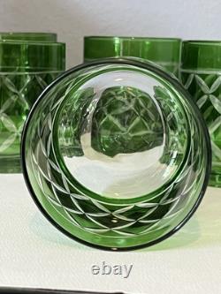 Set Of 6Crystal Emerald Green Cut to Clear VTG Whiskey Bohemian-Style Glasses