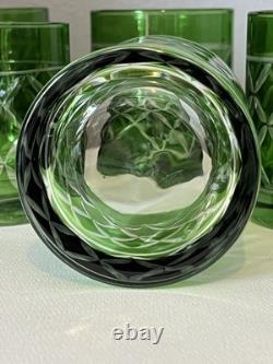 Set Of 6Crystal Emerald Green Cut to Clear VTG Whiskey Bohemian-Style Glasses
