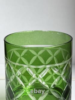 Set Of 6Crystal Emerald Green Cut to Clear VTG Whiskey Bohemian-Style Glasses