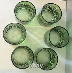 Set Of 6Crystal Emerald Green Cut to Clear VTG Whiskey Bohemian-Style Glasses