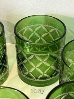Set Of 6Crystal Emerald Green Cut to Clear VTG Whiskey Bohemian-Style Glasses