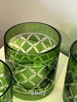 Set Of 6Crystal Emerald Green Cut to Clear VTG Whiskey Bohemian-Style Glasses