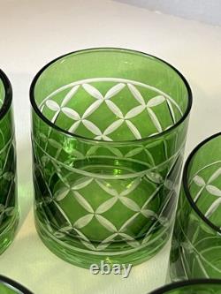 Set Of 6Crystal Emerald Green Cut to Clear VTG Whiskey Bohemian-Style Glasses